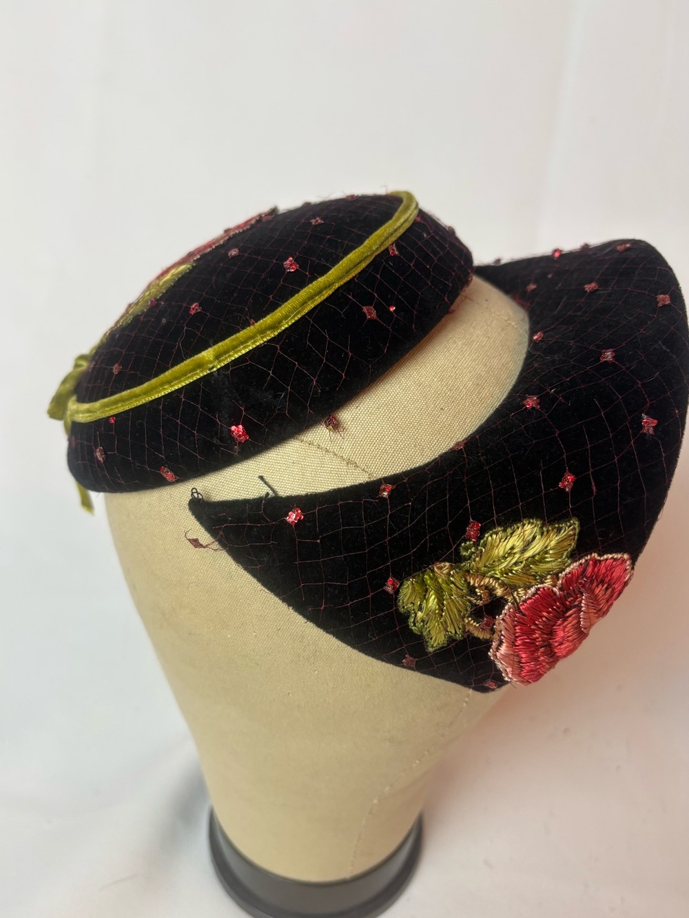 Vintage Dajon New York 2 Pc Half Hat Juliet Cap Black Velvet Embroidered Floral